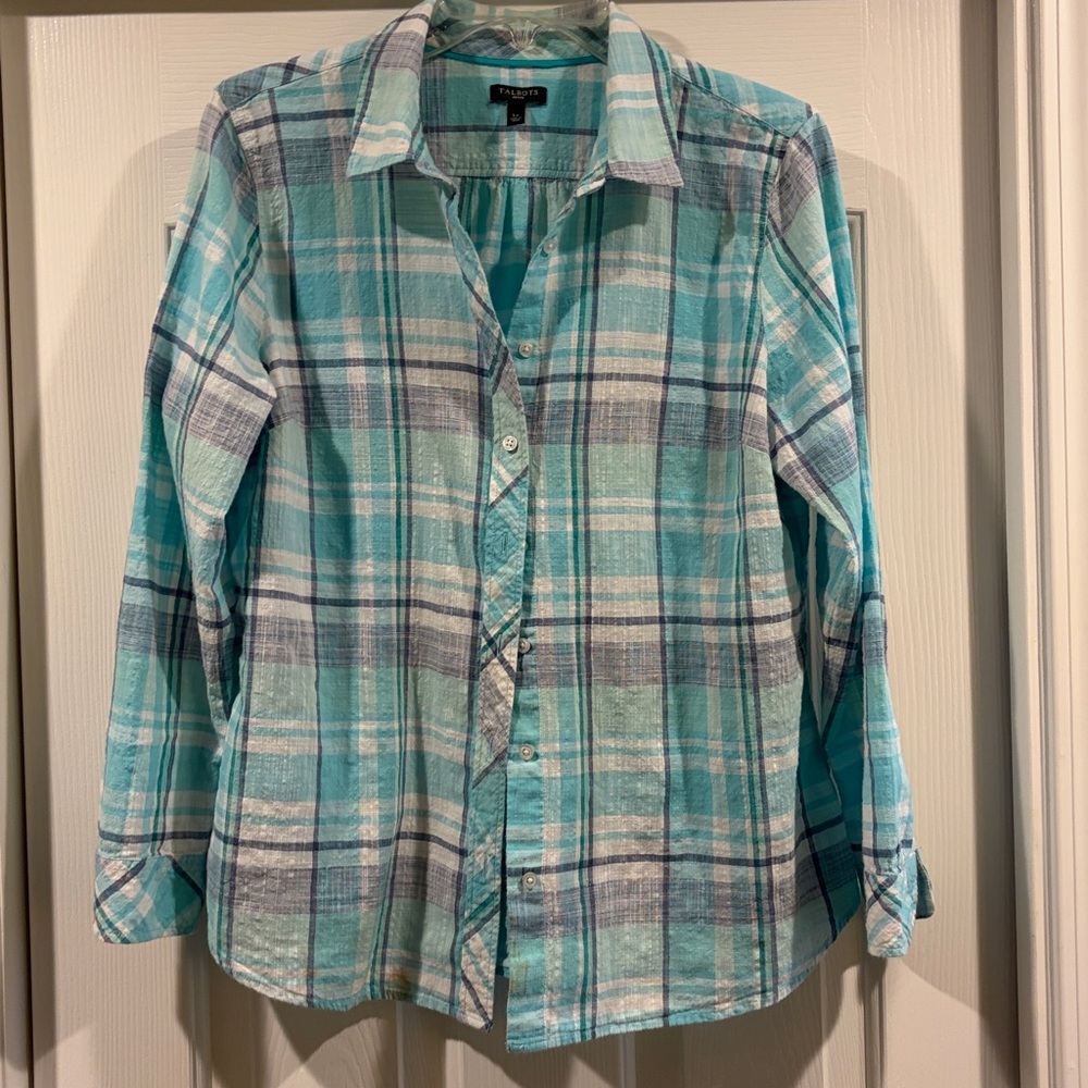 Talbots Petites Light Teal Plaid Button-Up Shirt size LP like new - Picture 3 of 5